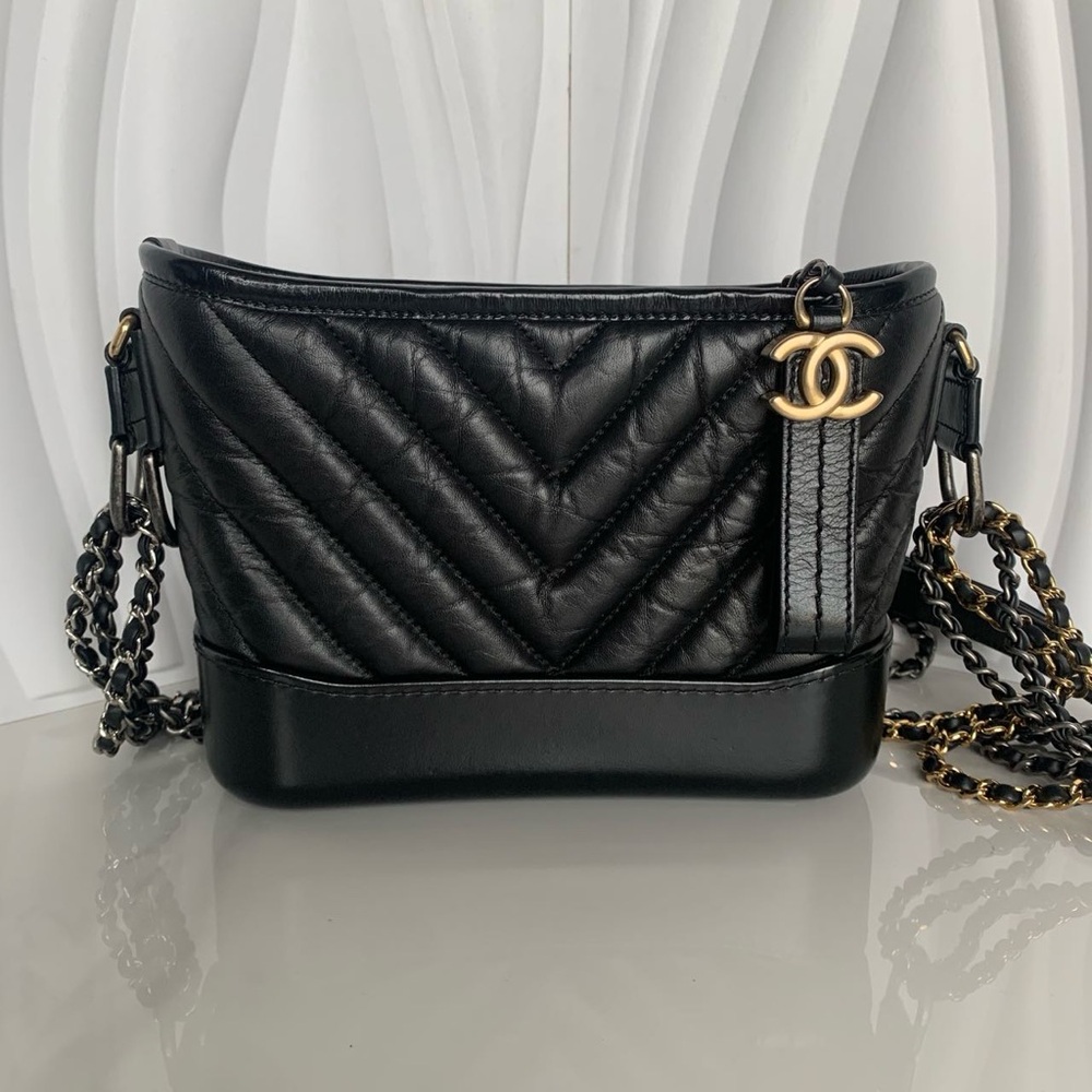 Chanel Gabrielle Black Chevron Quilted Leather Shoulder Bag